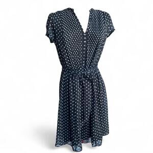 Black & White Polka Dot Midi Dress Sheer Keyhole Sleeves Removable Tie Size 14